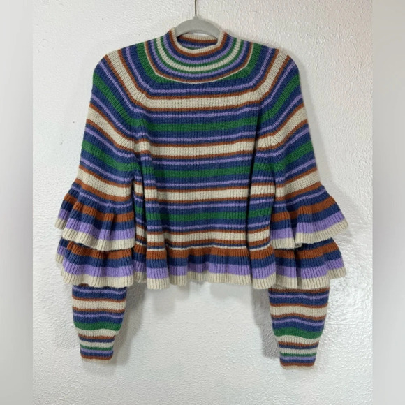Current Air Striped Tiered Sleeve Sweater Women’s Large in Purple Green - Picture 1 of 13